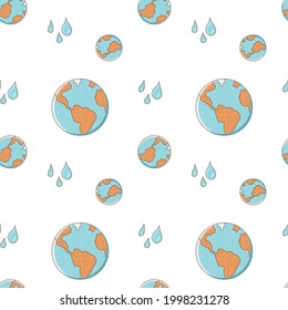 Nahtlose Muster mit Erde und Wasser fällt auf weißem Hintergrund. Vektorunendliche Textur im Cartoon-Stil