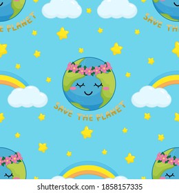 Seamless pattern Planet Earth with 
wreath of flowers,
rainbow, clouds, stars, lettering "SAVE THE PLANET" and blue background.
Pattern for decorating gifts, fabrics and clothes for kids.