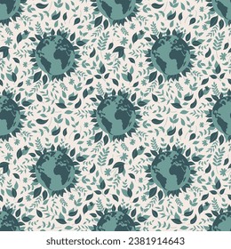 Seamless pattern of a Planet and green leaves.