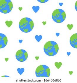Seamless pattern. Planet and hearts. Earth day. Vector illustration.