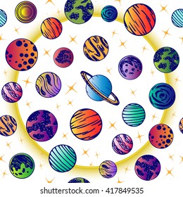 Seamless pattern with planet. Illustration for children. Sun, earth, mars, venus, mercury, neptune, uranus. Vector.