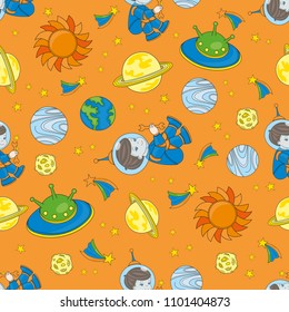 Seamless Pattern PLANET MAN is Color Vector Illustration Magic Cartoon Picture for Scrapbooking Babybook Print Card and Album Photo