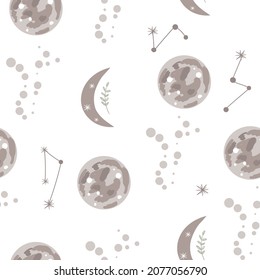 Seamless pattern with planet, moon, constellation, space, star on white. Galaxy illustration for design, fabric, print, wallpaper.