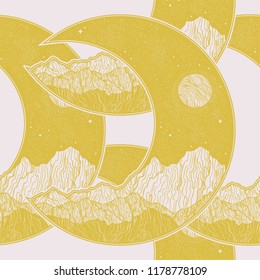 Seamless pattern with planet moon crescent.