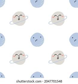 Seamless pattern with planet and moon with faces on them on white background. For prints, backgrounds, wrapping paper, textile, linen, wallpaper, etc. 
