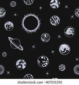 Seamless pattern with planet on black background. Good for gift paper, fabric design and wallpaper. Vector illustration.