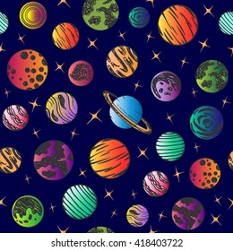 Seamless pattern with planet on a blue background. Sun, earth, mars, venus, mercury, neptune, uranus. Vector illustration.