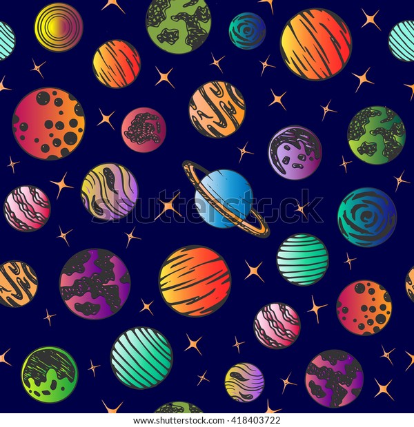 Seamless\
pattern with planet on a blue background. Sun, earth, mars, venus,\
mercury, neptune, uranus. Vector\
illustration.