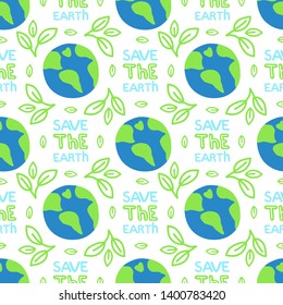 Seamless pattern with planet and on white background - the Earth and lettering words. Go green vector illustration. Save the Earth.