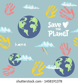 Seamless pattern with planet , palm of hand on blue background - the Earth and lettering words. Go green vector illustration. Save the Earth. Fabric,Wallpaper. hand drawing