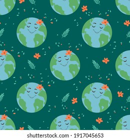 Seamless pattern with Planet and plants. Save the Earth. Vector illustration for textile print, wrapping paper and wallpaper