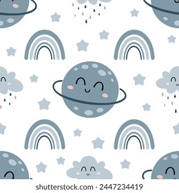 Seamless pattern with planet, rainbow and cloud in cartoon flat style. Kids digital paper perfect for scrapbook paper, decor, background, fabric. Hand drawn vector pattern