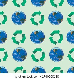 Seamless pattern with planet and recycling icon as a concept of saving planet earth. Flat vector stock illustration with recycling garbage on the planet as a concept of eco-friendly lifestyle