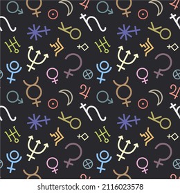 seamless pattern with planet signs, astrological symbols, esoteric background with silhouette of astronomical signs, alchemical ornament