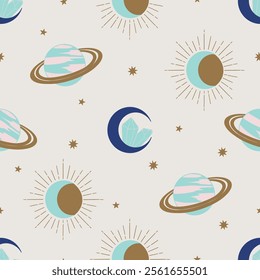 Seamless pattern with planet, sun, moon and star. Mystical astrology elements. Minimalist zodiac print. Hand drawn vector illustration