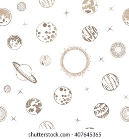 Seamless pattern planets beige color on a white background. Good for gift paper, fabric design and wallpaper. Vector.
