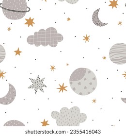 Seamless pattern with planets, clouds and moons on a white background for children's textiles, scrapbooking paper, postcards.