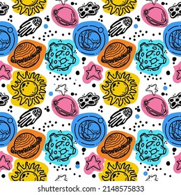A seamless pattern of planets, comets, asteroids and stars. Hand-drawn elements hand-drawn doodle in sketch style. Sun. Stars. Solar system with bright spots on a white background. 