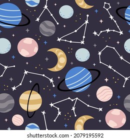 seamless pattern with planets, constellations and moon