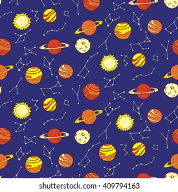 Seamless pattern with planets and constellations in night sky. Vector illustration.