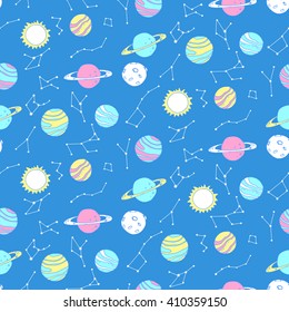 Seamless pattern with planets and constellations in night sky. Vector illustration.