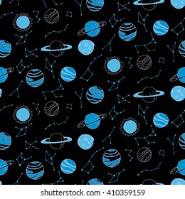 Seamless pattern with planets and constellations in night sky. Vector illustration.