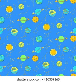 Seamless pattern with planets and constellations in night sky. Vector illustration.
