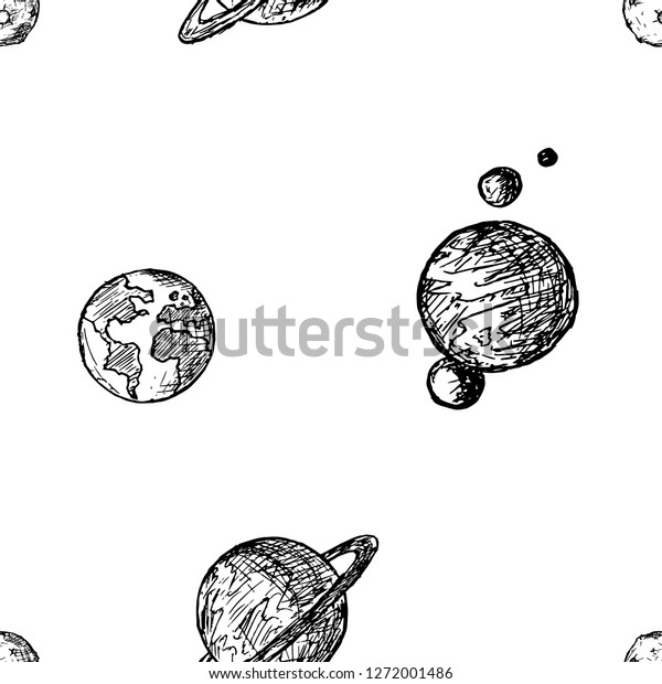 Seamless pattern of planets. Hand-drawn\
background. Vector cartoon\
illustration.