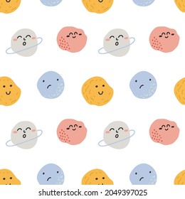 Seamless pattern with planets and moons with faces on them on white background. For prints, backgrounds, wrapping paper, textile, linen, wallpaper, etc. 