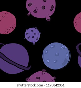 Seamless pattern with planets on dark background.