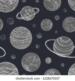 Seamless pattern with planets and other astronomical objects in outer space. Backdrop with planetary bodies hand drawn in dot art style. Monochrome vector illustration for wallpaper, fabric print.