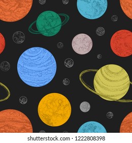 Seamless pattern with planets and other celestial bodies in outer space. Backdrop with cosmic objects hand drawn in dotwork style. Colorful vector illustration for wrapping paper, textile print.