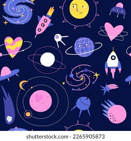 seamless pattern with planets, rockets and comets. vector design for fabric, paper and more.