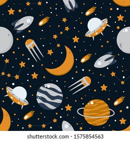 seamless pattern with planets rockets moon - vector illustration, eps