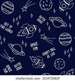 seamless pattern with planets, rockets, moon and phrases, hand-drawn with blue background and elements in white color