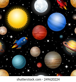 seamless pattern with planets and rockets in space