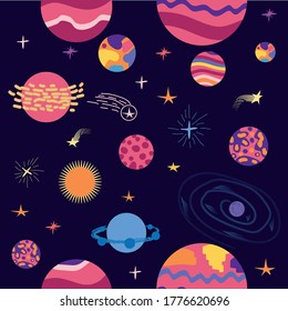 seamless pattern of planets, rockets and stars. Cartoon planet. Childish background. Hand drawn