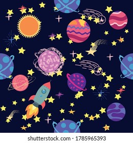 seamless pattern of planets, rockets and stars. Cartoon planet. Childish background. Hand drawn