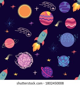 seamless pattern of planets, rockets and stars. Cartoon planet. Childish background. Hand drawn