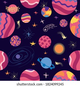 patrón ininterrumpido de planetas, cohetes y estrellas. Planeta de dibujos animados. Fondo infantil. Dibujo de mano