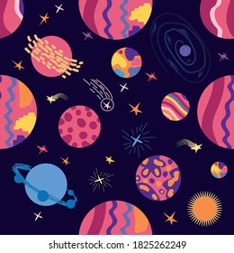seamless pattern of planets, rockets and stars. Cartoon planet. Childish background. Hand drawn