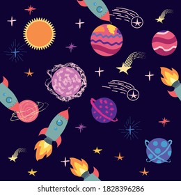seamless pattern of planets, rockets and stars. Cartoon planet. Childish background. Hand drawn