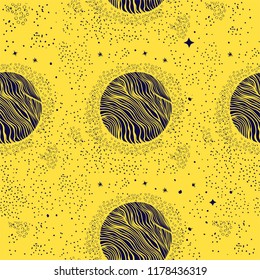 Seamless pattern with planets and shiny stars.
