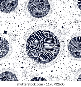 Seamless pattern with planets and shiny stars.