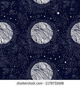 Seamless pattern with planets and shiny stars.