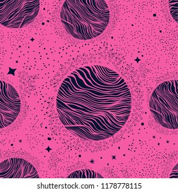 Seamless pattern with planets and shiny stars.