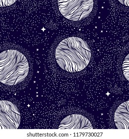 Seamless pattern with planets and shiny stars.