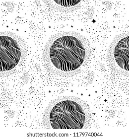 Seamless pattern with planets and shiny stars.
