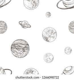 Seamless pattern with planets of Solar system and other celestial bodies in outer space. Backdrop with planetary objects hand drawn in dotwork style. Monochrome vector illustration for fabric print.