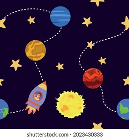 Seamless pattern with planets of the solar system.  Galaxy, science, space, education.  Mercury, Mars, Earth, Sun, Neptune.  Vector illustration and games for children, textiles, wallpaper.